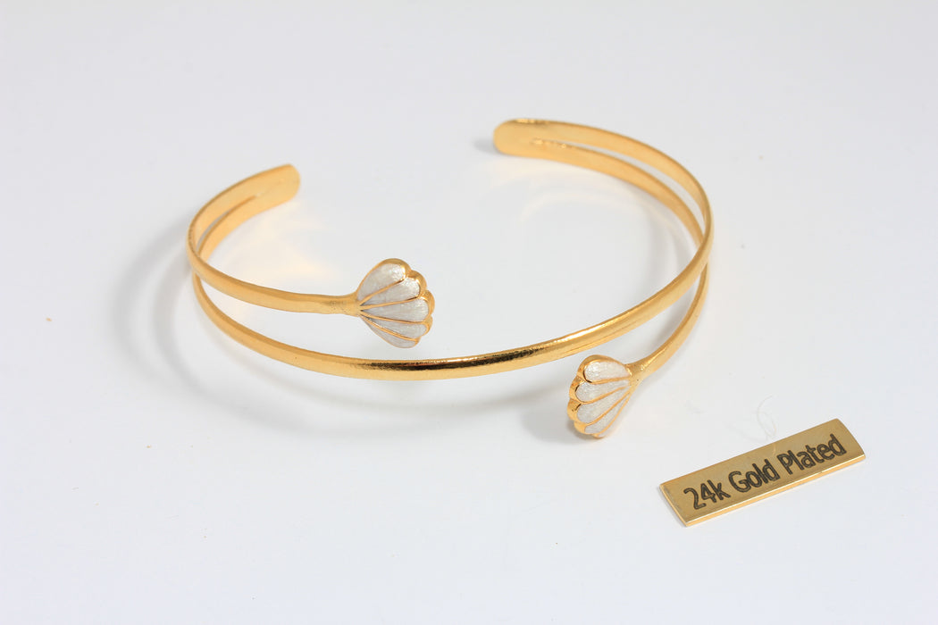 24k Shiny Gold Shell Bracelet Cuff, White Enamel Shell Bracelet, Triple Wire Bracelet, Double Bar Bangle, CHK588-6