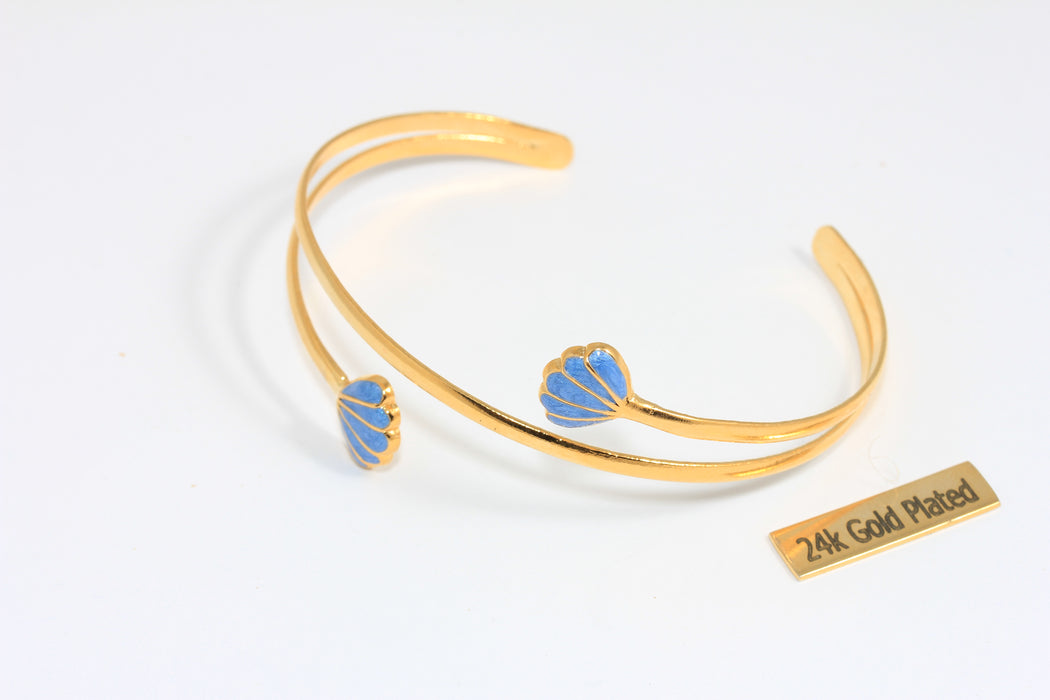 24k Shiny Gold Shell Bracelet Cuff, Sky Blue Enamel Shell Bracelet, Triple Wire Bracelet, Double Bar Bangle, CHK588-7
