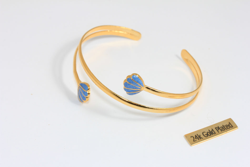 24k Shiny Gold Shell Bracelet Cuff, Sky Blue Enamel Shell Bracelet, Triple Wire Bracelet, Double Bar Bangle, CHK588-7