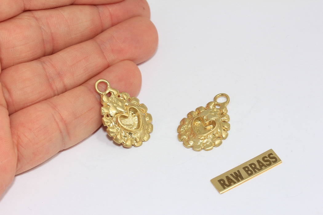 18x27mm Raw Brass Bezel Heart Charms, Heart Medallion, Cabochon Heart Charm Settings, MGN101