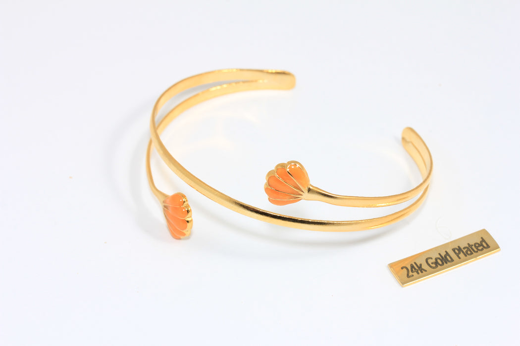24k Shiny Gold Shell Bracelet Cuff, Orange Enamel Shell Bracelet, Triple Wire Bracelet, Double Bar Bangle, CHK588-8