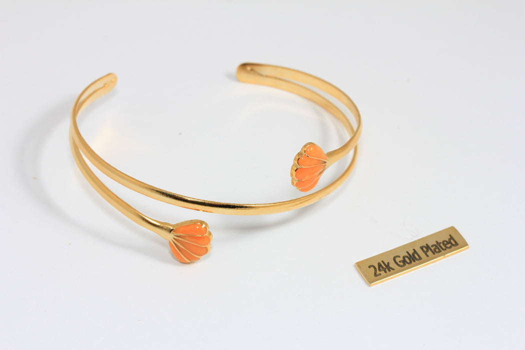 24k Shiny Gold Shell Bracelet Cuff, Orange Enamel Shell Bracelet, Triple Wire Bracelet, Double Bar Bangle, CHK588-8
