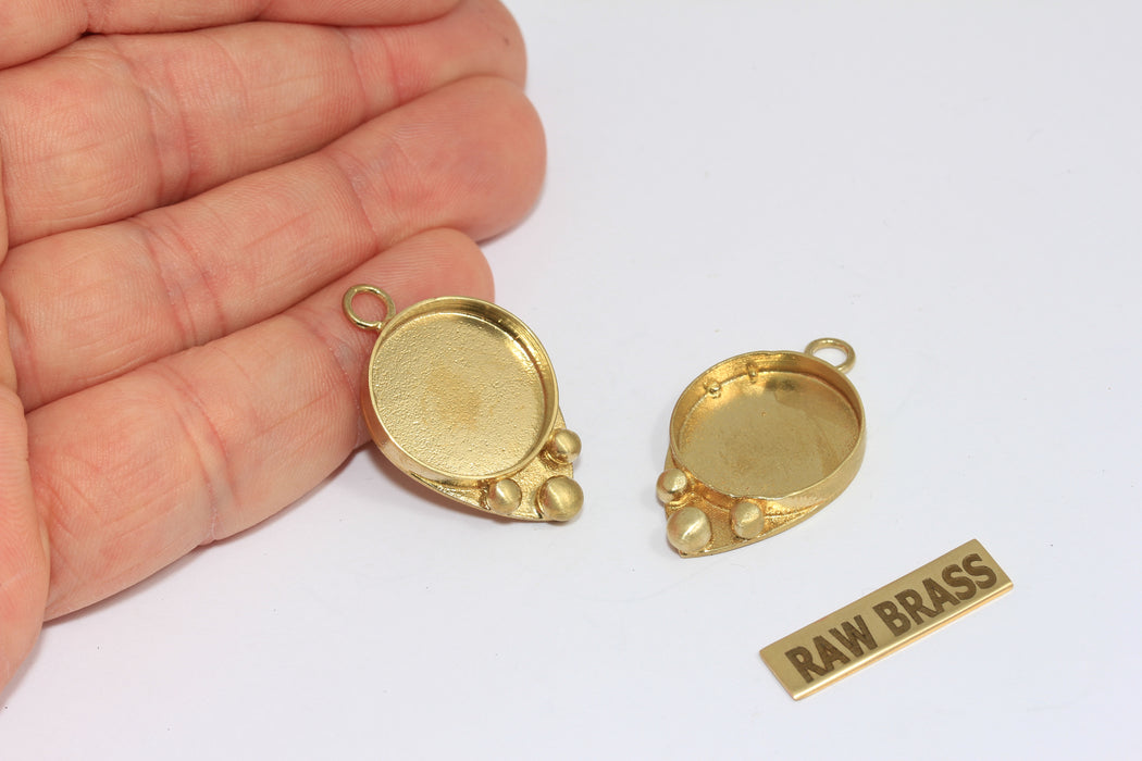 18x27mm Raw Brass Round Bezel Frame Charms, Cabochon Settings, MGN102