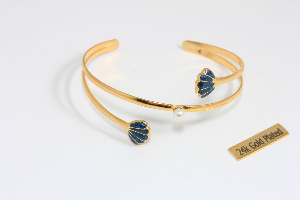 24k Shiny Gold Shell Bracelet Cuff, Dark Blue Enamel Shell Bracelet With Sea Pearl, Triple Wire Bracelet, CHK588-10