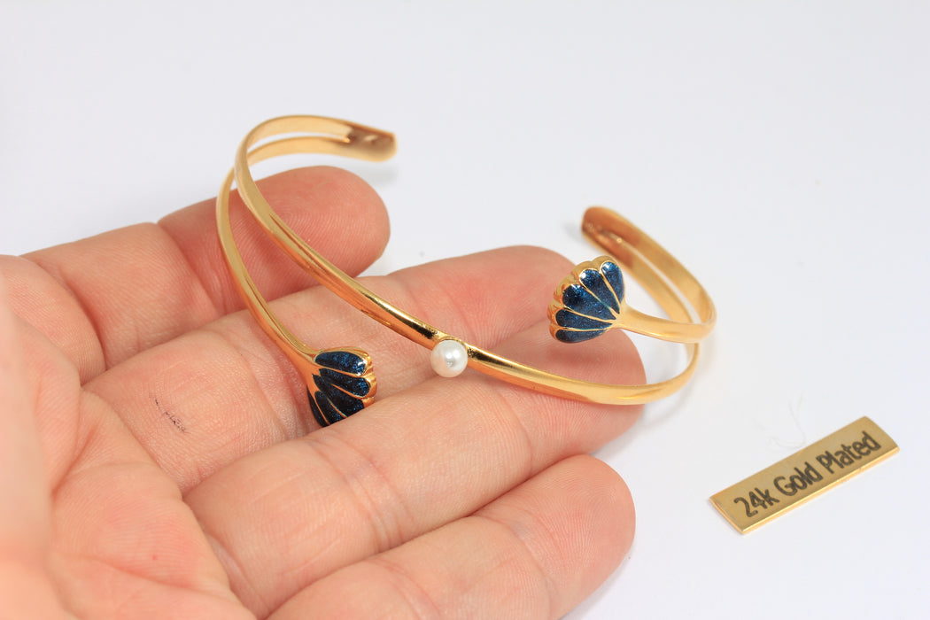 24k Shiny Gold Shell Bracelet Cuff, Dark Blue Enamel Shell Bracelet With Sea Pearl, Triple Wire Bracelet, CHK588-10