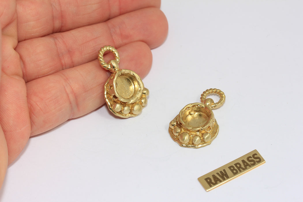 19x29mm Raw Brass Round Bezel Frame Charms, Cabochon Settings, MGN99