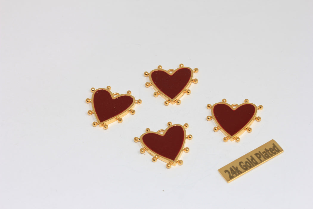 21mm 24k Shiny Gold Heart Pendant, Burgundy Enamel Heart Medallion, MGN98