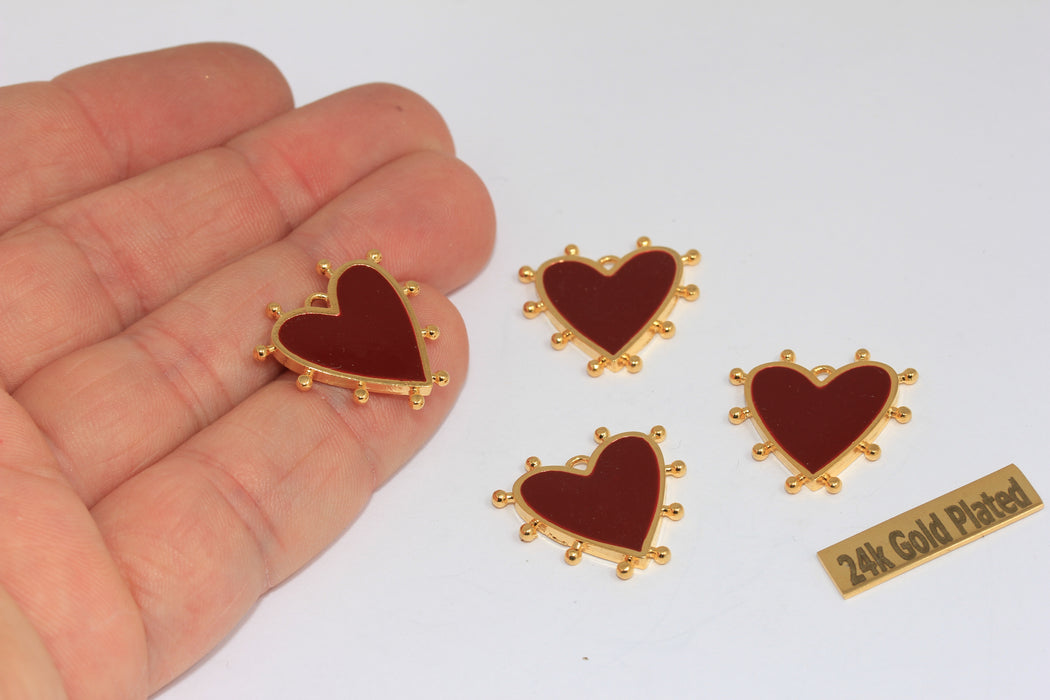 21mm 24k Shiny Gold Heart Pendant, Burgundy Enamel Heart Medallion, MGN98