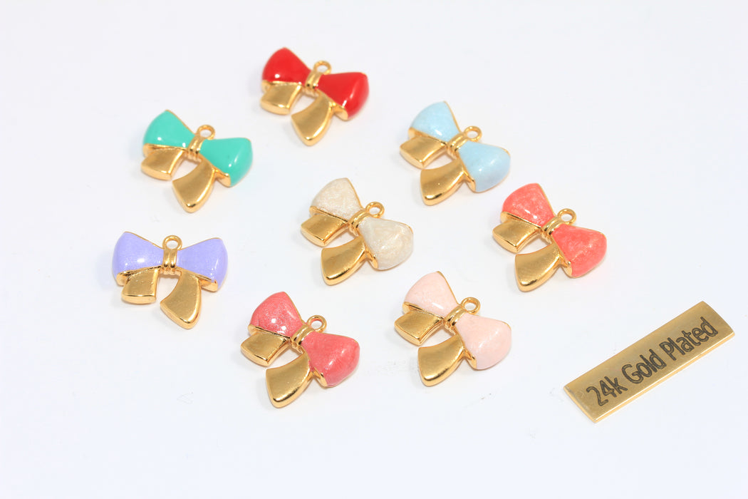 14x15mm 24k Shiny Gold Bow Charms, Optional Enamel Color Bow Bracelet Charms, Cute Mini Bow Tie Pendant, MTE402