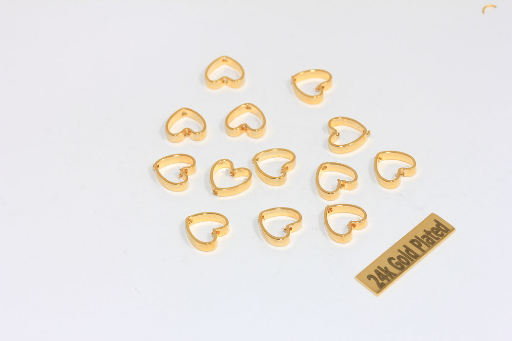 8x9mm 24 Ayar Altın Kaplama Kalp Charms, İki Delikli Kalp Charm, BRT124