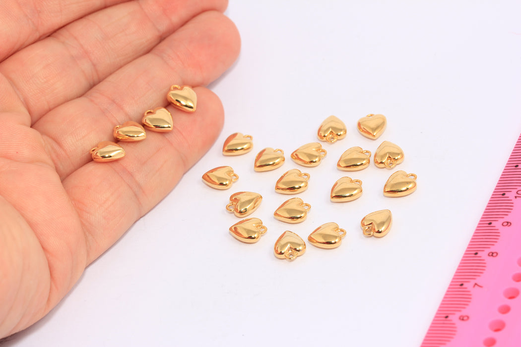 7x9mm 24k Shiny Gold Heart Puffed Charms, Mini Heart Beads, CHK56-7