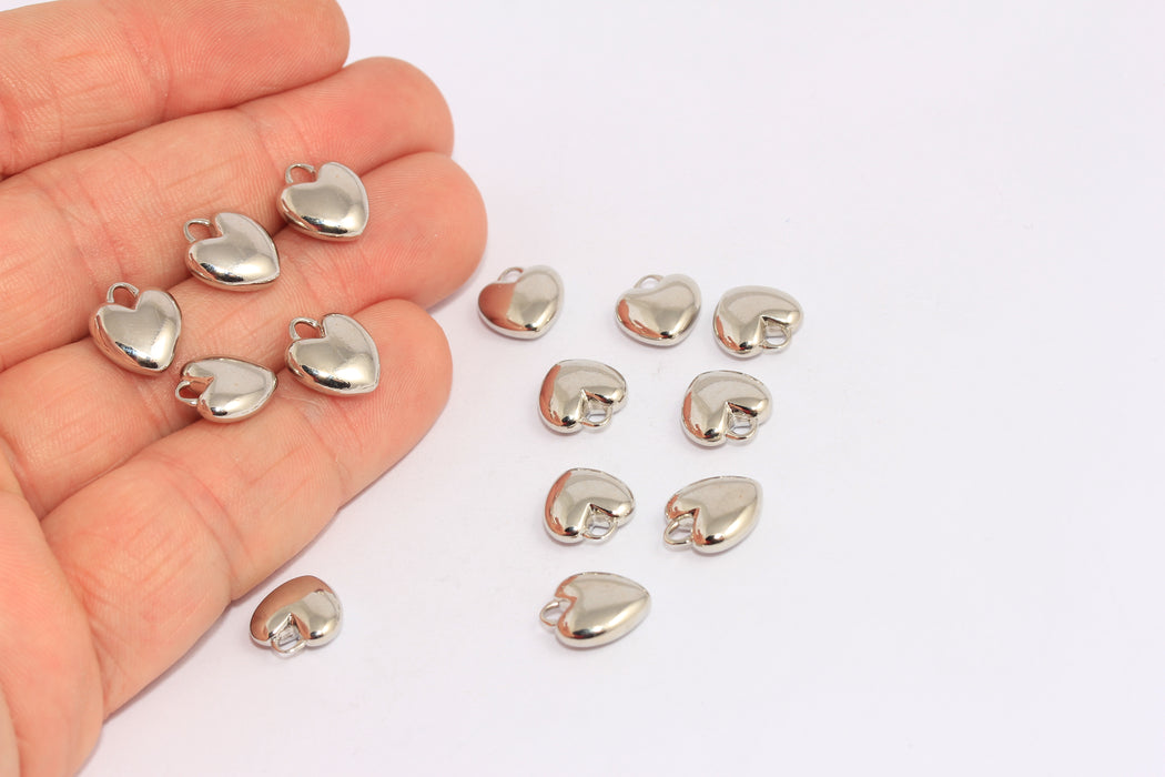10x11mm Rodyum Kaplama Kalp Charms, Kabarık Kalp Boncukları, CHK65-2