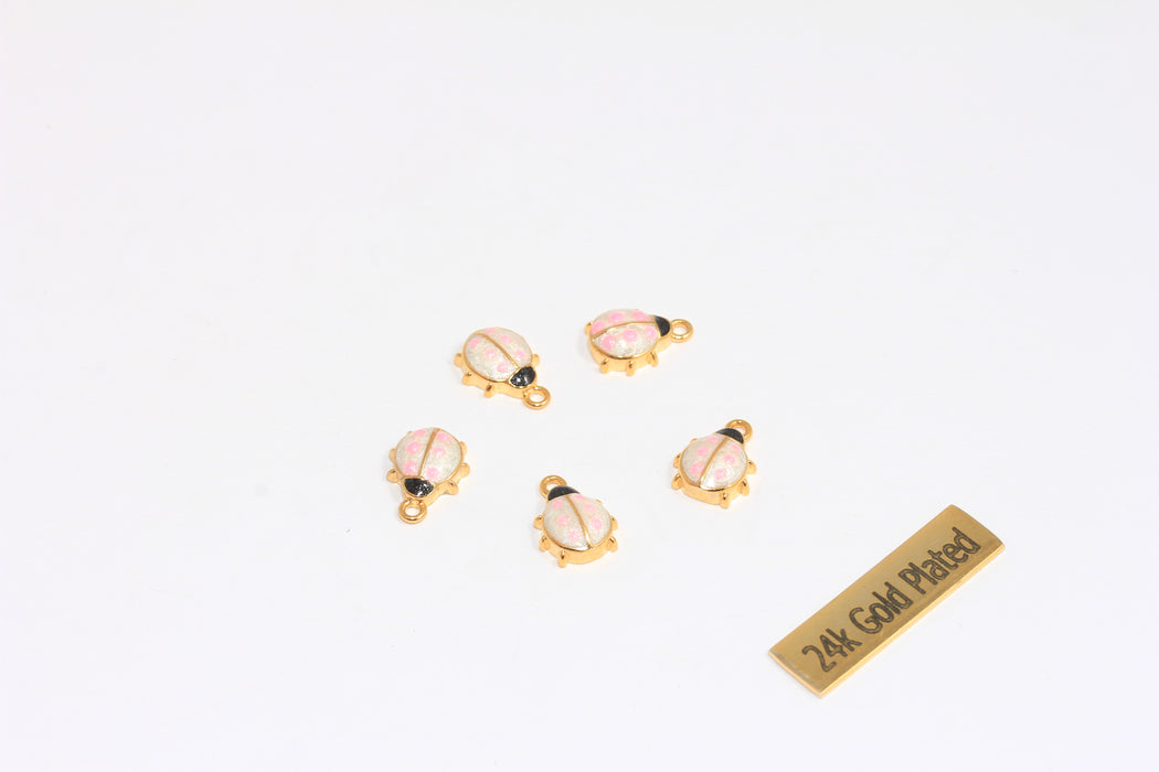 8x10mm 24k Shiny Gold Ladybug Charms, Pearl White And Pink Enamel Color Ladybug Charms, Ladybug Pendant, Cute Bracelet Charms, CHK69-2E