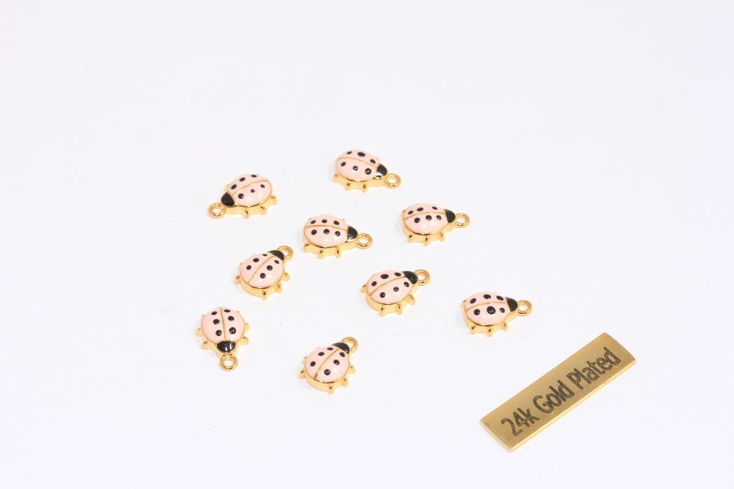 8x10mm 24k Shiny Gold Ladybug Charms, Pink Enamel Color Ladybug Charms, Ladybug Pendant, Cute Bracelet Charms, CHK229-3C