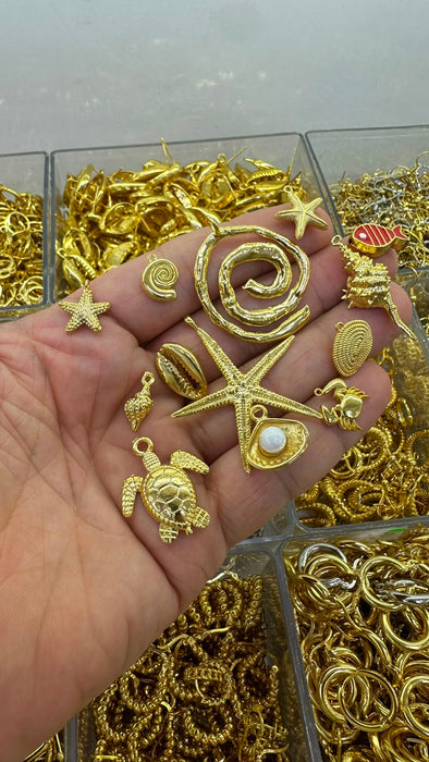 Gold Plated Sea Charms Mix, Gold Plated Ocean Charms, Starfish Turtle Shell Fish Pendant Set, Jewelry Making Supplies, Bulk Charms , TREND-13
