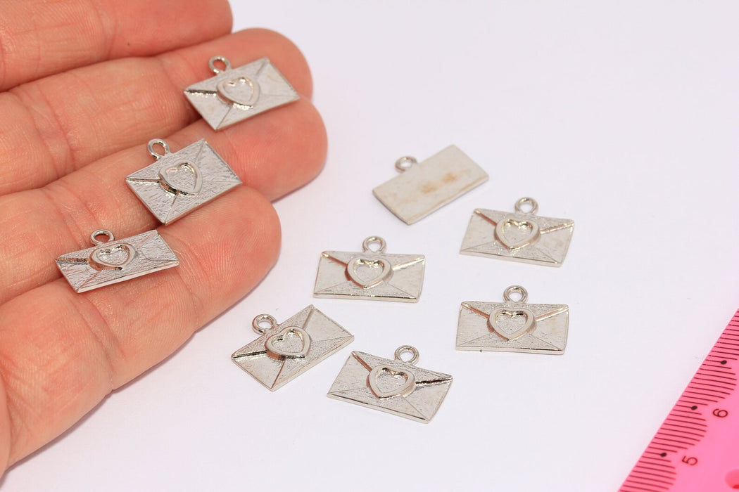 9x16mm Rodyum Kaplama Zarf Harf Takıları, Kalpli Zarf Kolye, CHK102-2