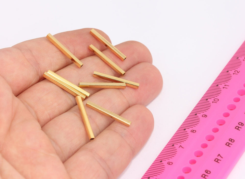 2x20mm 24 Ayar Parlak Altın Tüp Boncuklar, Kare Tüp Boncuklar, BRT438
