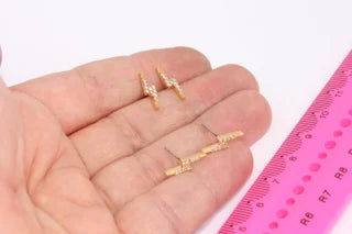 4x15mm 24k Shiny Gold Bolt Earrings, Micro Pave Thunder,  MLS569