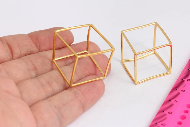 25 mm 24 Ayar Parlak Altın Küp Charms, Küp Kolye, Açık MTE169