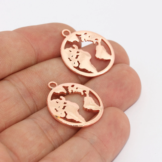 21mm Rose Gold World Map Pendant, Globe Pendant, MTE669