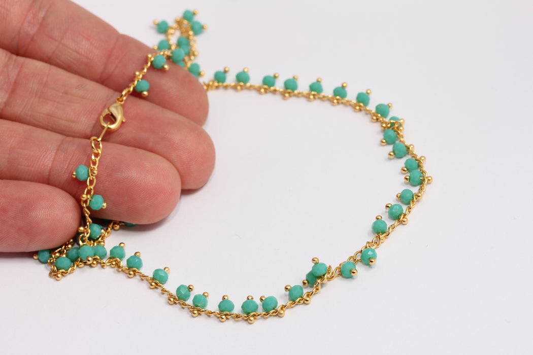 24k Shiny Gold Rosary Necklace, Turquoise Beaded Necklace, BXB395-75