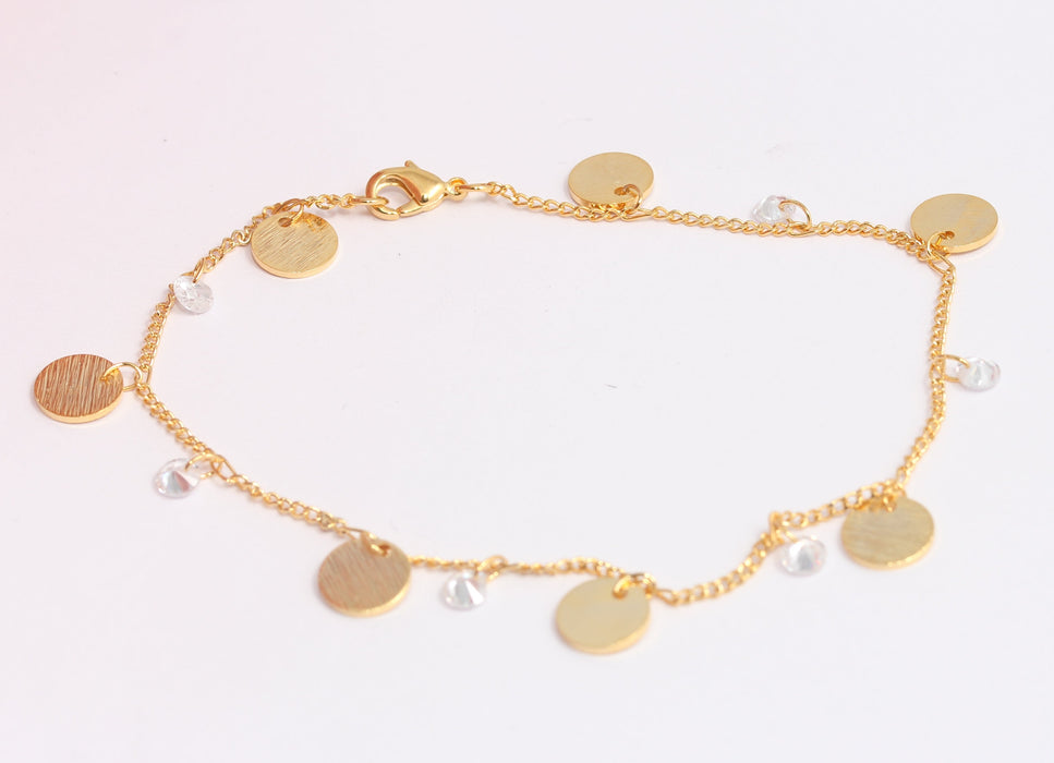 1,5mm 24k Shiny Gold Coin Anklet, Anklet With White Crystal Beads, BXBX395-120