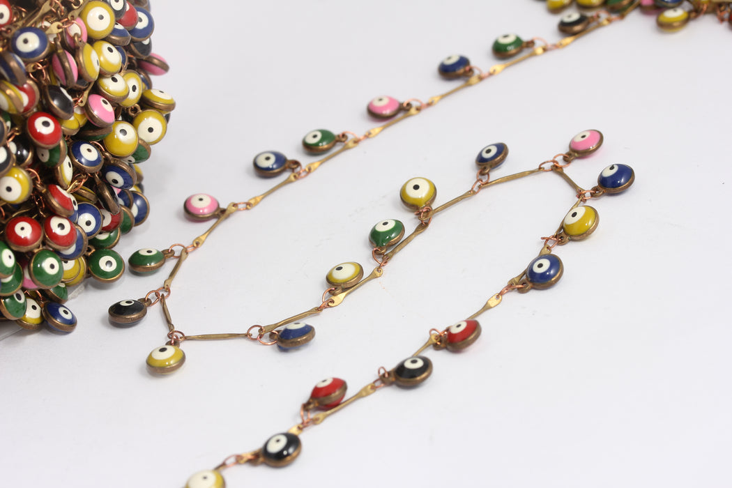 6,7mm Raw Brass Evil Eye Chains, Brass Beaded Evil Eye Chain, KPT24