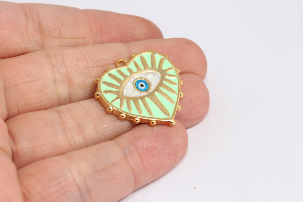 27x28mm 24 ayar Parlak Altın Kalp Madalyon, Açık Yeşil Emaye XP487