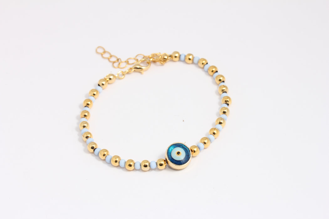 24k Shiny Gold Beaded Bracelet, Colorful Evil Eye Bracelet, BLK5-3