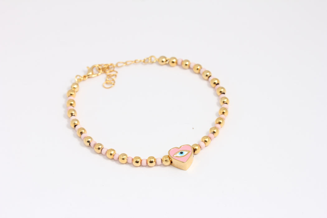 24k Shiny Gold Beaded Bracelet, Colorful Evil Eye Bracelet, BLK5-3