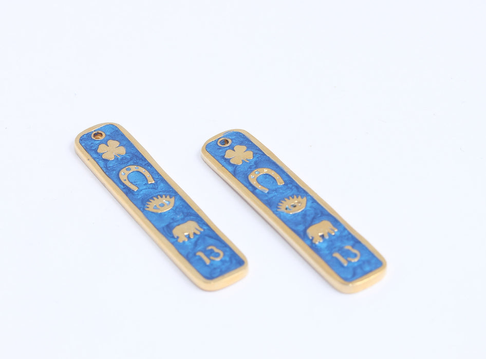 8x44mm 24k Shiny Gold Bar Charms, Blue Enamel Lucky Pendant, XP528