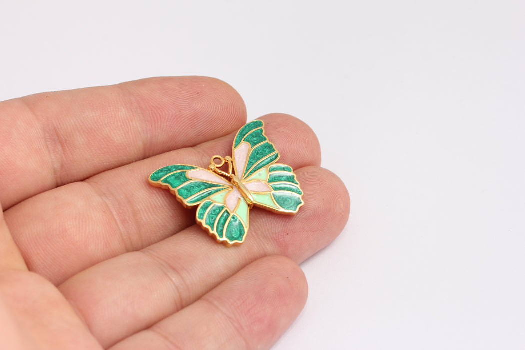 25x31mm 24k Shiny Gold Butterfly Charms, Green Enamel Butterfly, KDR2-1