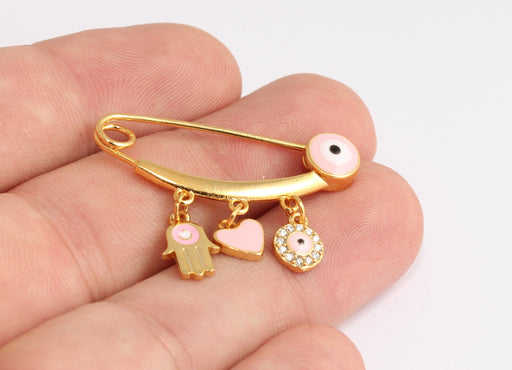 Shiny Gold Evil Eye Safety Pin With Charms