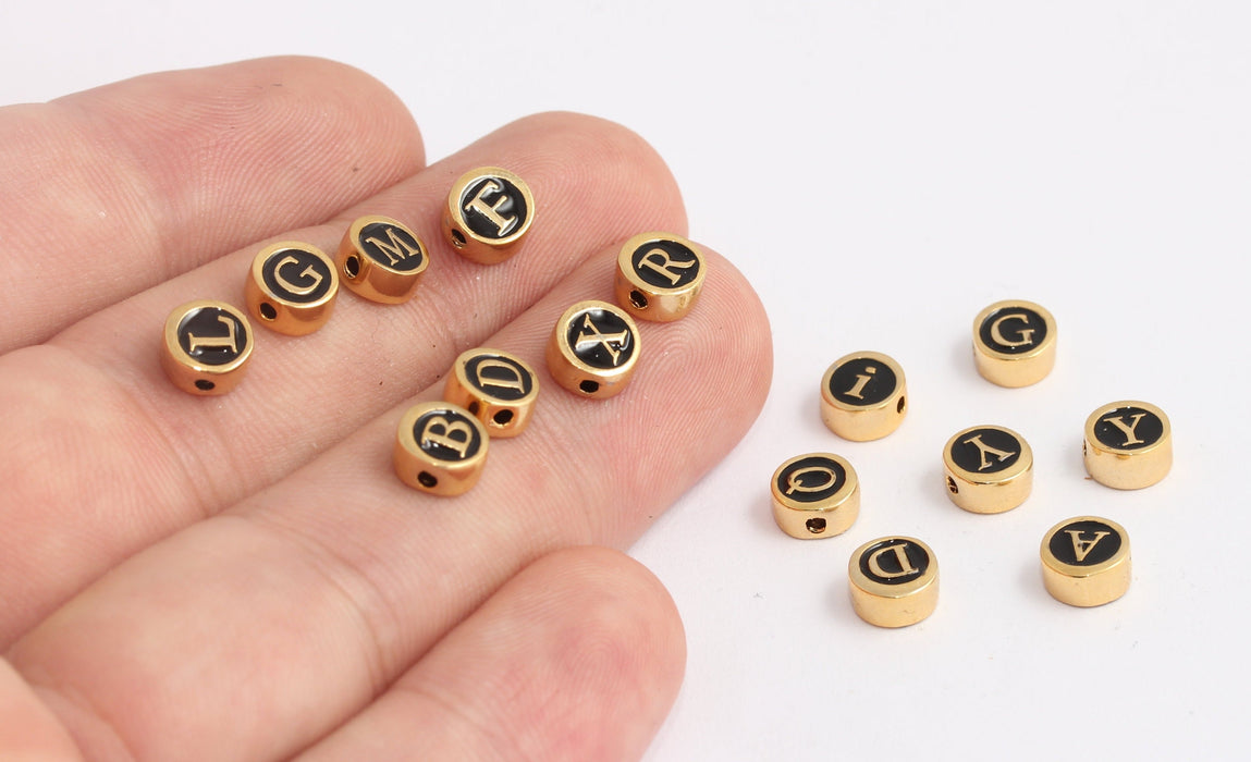 6,5mm 24k Shiny Gold Letter Charms, Black Enamel Letter Sliding Beads, —  KJewelryMetal