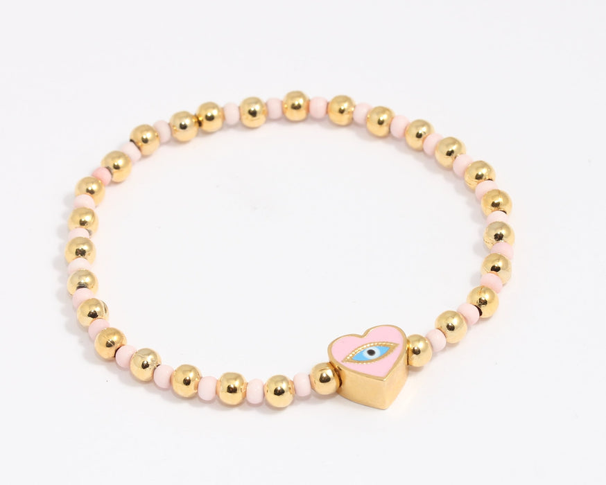 24k Shiny Gold Evil Eye Bracelet, Colorful Elastic Ball Bracelet, BLK7-10