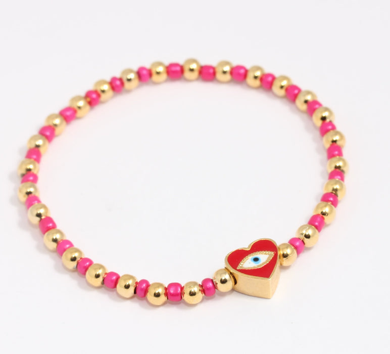 24k Shiny Gold Evil Eye Bracelet, Colorful Elastic Ball Bracelet, BLK7-10