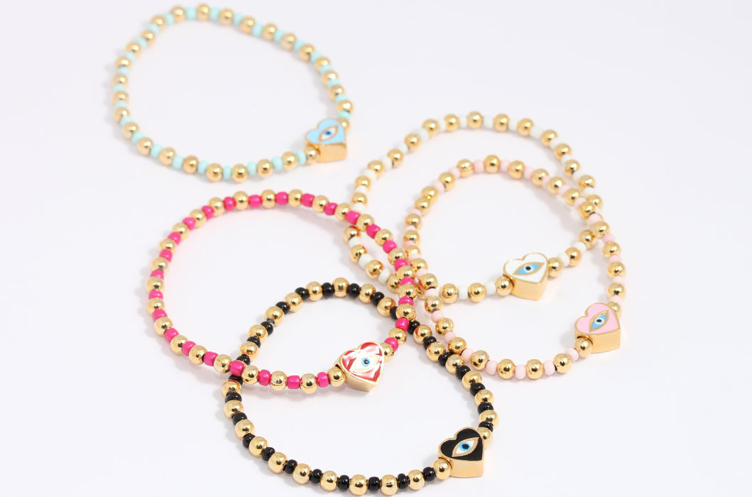 24k Shiny Gold Evil Eye Bracelet, Colorful Elastic Ball Bracelet, BLK7-10