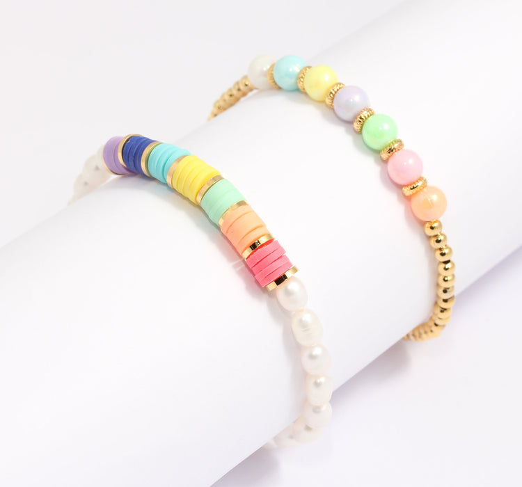 24k Shiny Gold Ball Beaded Bracelet, Rainbow Heishi Bracelets, BLK7-9