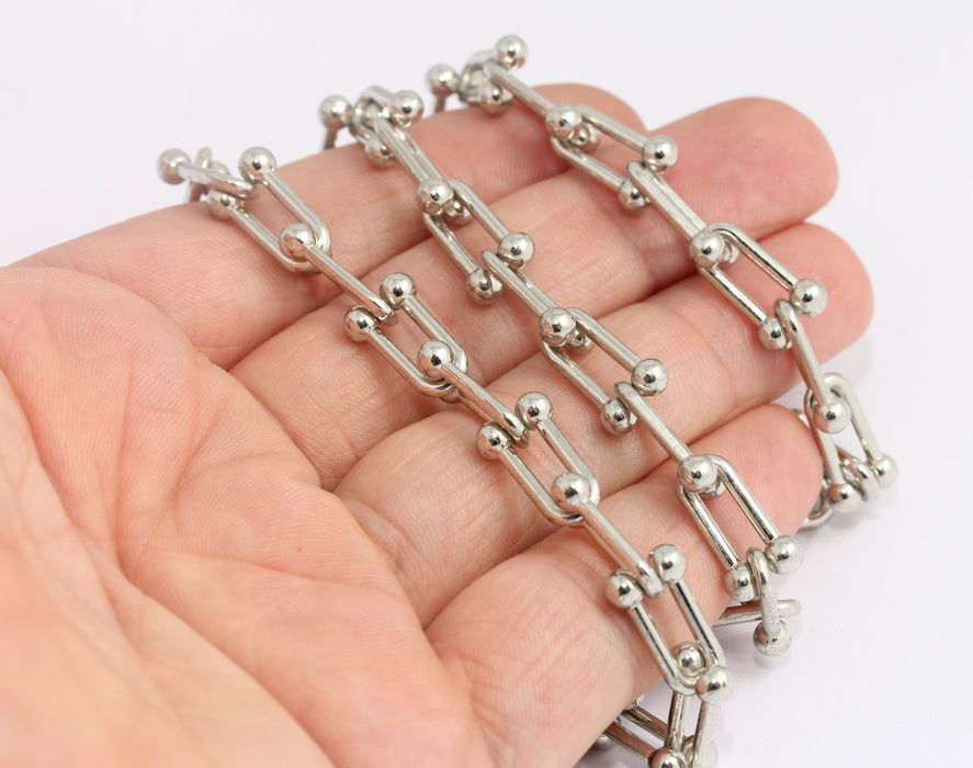 Rhodium Plated U Link Chain, Silver Chunky Horse Shoe Chain, CHK698-1