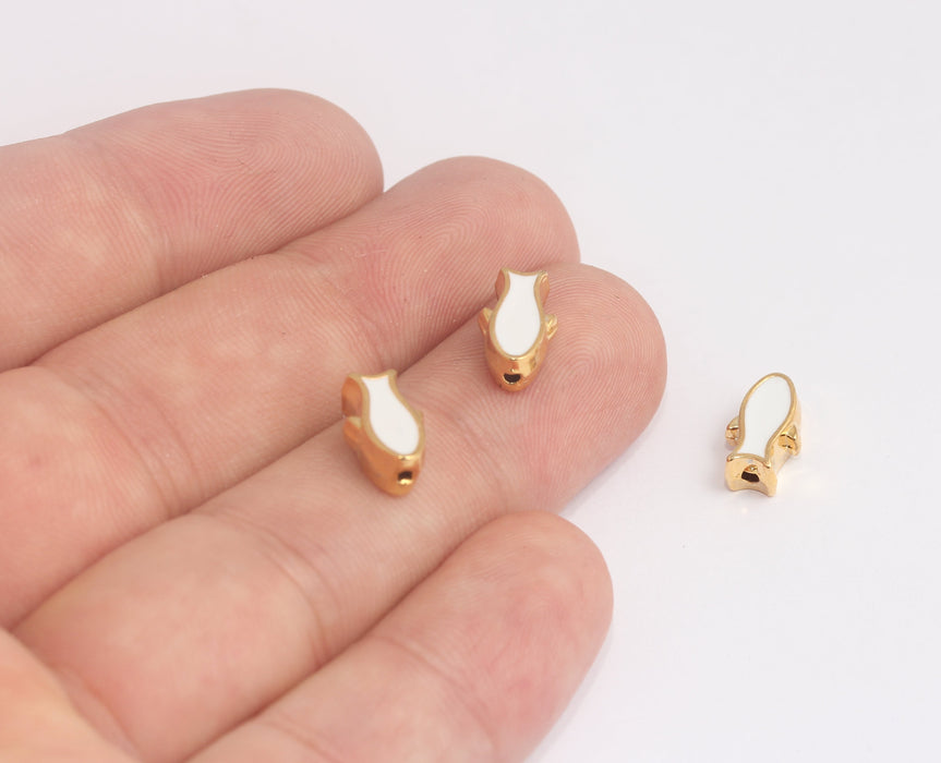 7x12mm 24 Ayar Parlak Altın Balık Boncukları, Beyaz Emaye Balık Boncukları, MLS375-1