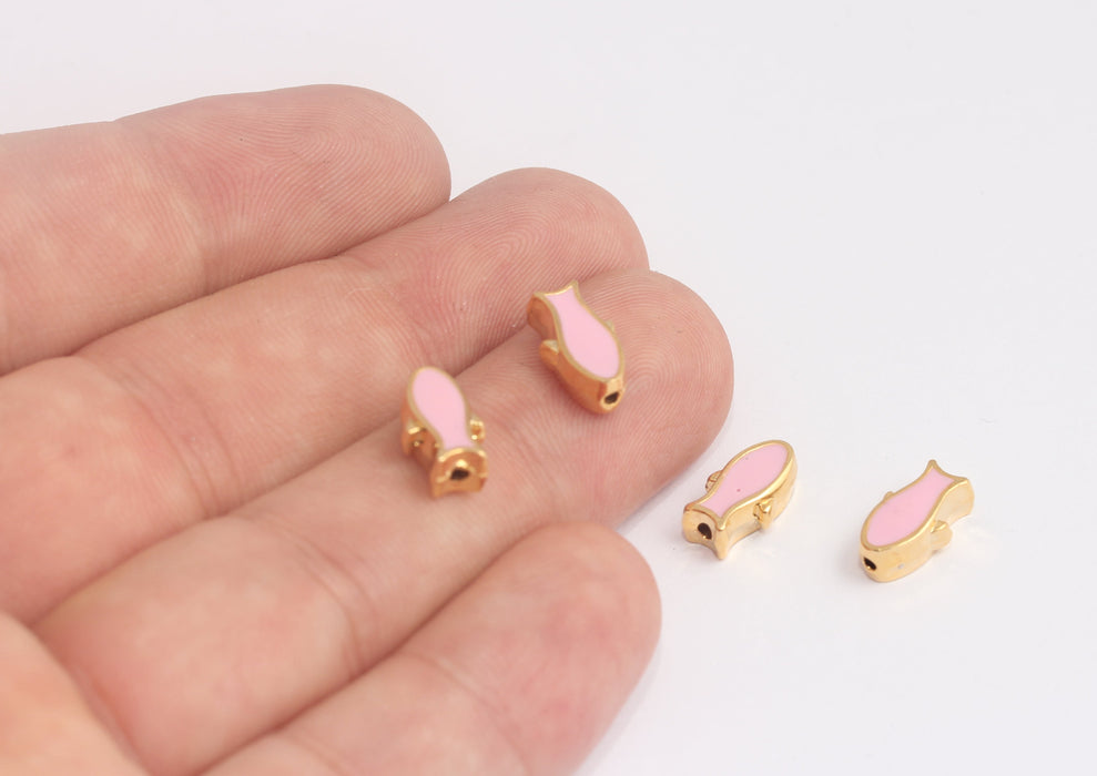 7x12 mm 24 Ayar Parlak Altın Balık Tılsımları, Pembe Emaye Balık Boncukları, MLS375-2