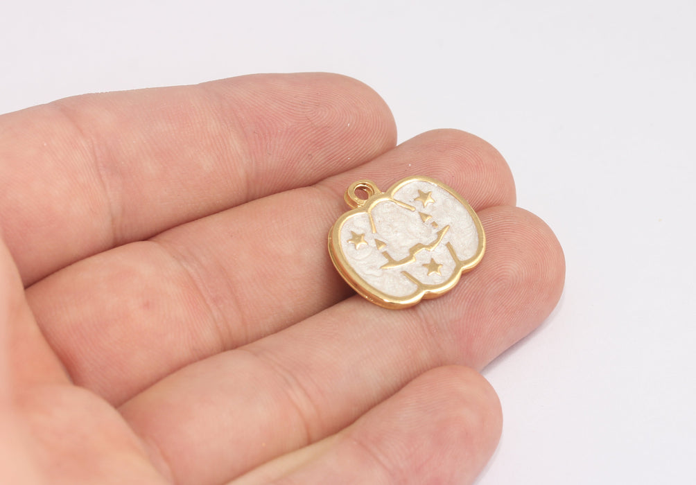 21mm 24k Shiny Gold Pumpkin Charms, White Enamel Pumpkin Charm, MLS393-1