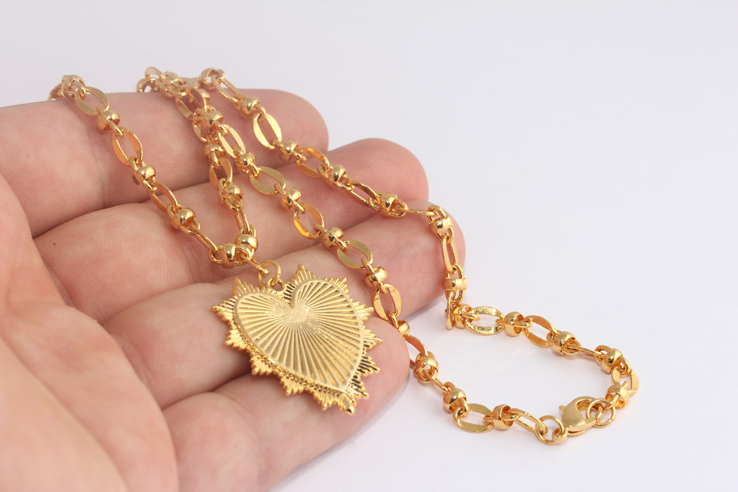 18'' 30mm 24k Shiny Gold Heart Necklace, Heart Pendant, Heart Medallion, Heart Charm, Love Necklace, Gold Heart Pendant, XP552-2