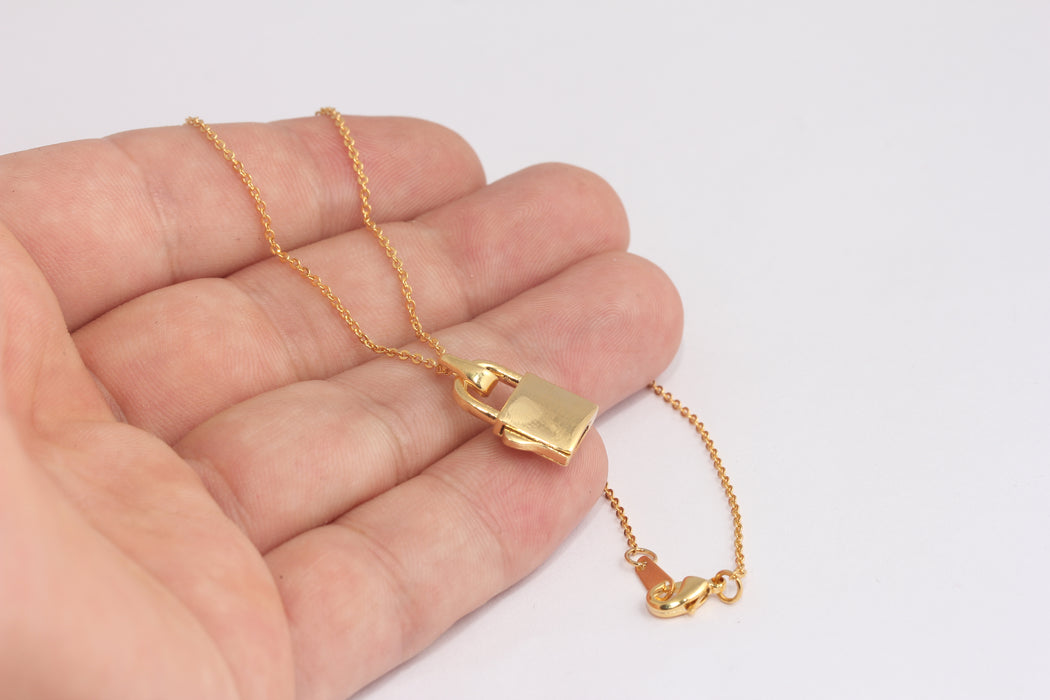 17'' 24k Shiny Gold Padlock Necklace, Ready Necklace, Padlock With Key, Love Lock, Gold Lock Necklace, Gold Padlock Pendant, BXB412-1