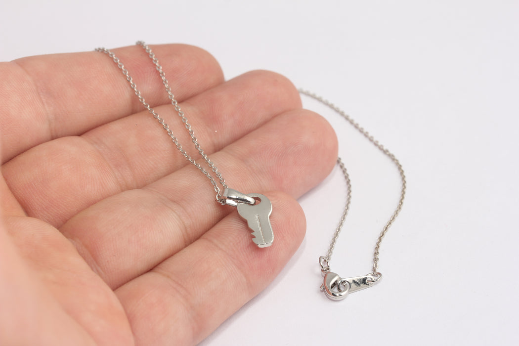 17'' Rhodium Plated Key Necklace, Ready Necklace, Padlock With Key, Love Key, Silver Key Necklace, Rhodium Key Pendant, BXB412-4