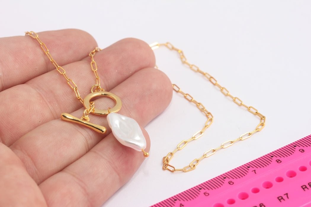 18'' 24k Shiny Gold Pearl Necklace, T Bar Necklace, Toggle Bar Necklace, Dainty Gold Gecklace, Layering Necklace, Pearl Jewelry, MLS1055
