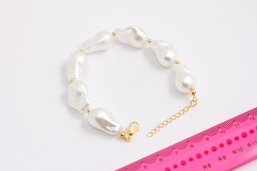 7" 24k Shiny Gold Pearl Bracelet, White Pearl Bracelet, Bracelet With Pearl Beads, Gold Plated Bracelets, BXB412-4