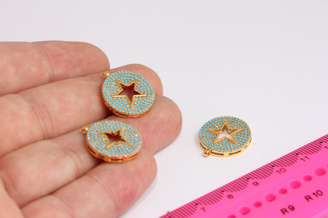 18x21 mm 24 Ayar Parlak Altın Yıldız Takılar, CZ Turkuaz Taşlı Yıldız, İçi Boş Yıldız Kolye, Yıldız Madalyon, Mikro Döşemeli Bilezik Boncukları, MLS1108-1