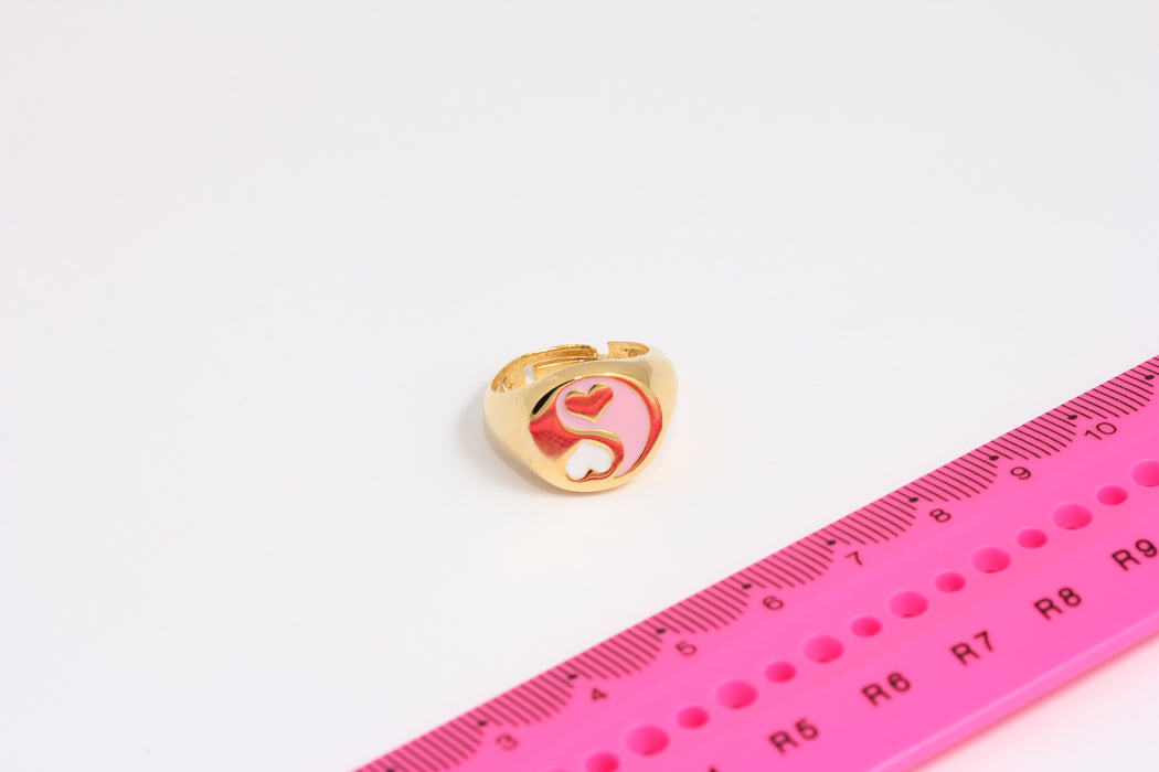 16-17mm 24k Shiny Gold Heart Ring, Enamel Yin Yang Rings, Round Statement Rings, Heart Rings, Women's Rings, Gold Plated Rings, SLM56-1