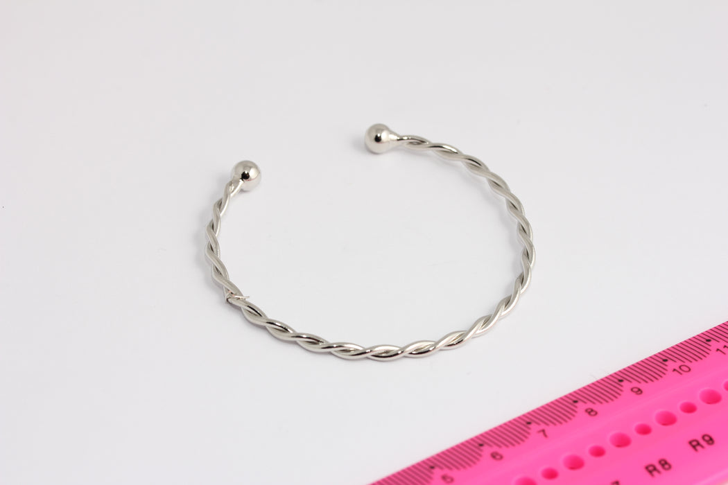 60mm Rhodium Plated Round Wire Bracelet, Open Bracelet Bangle, Silver Textured Stacking Minimalist Cuff, Silver Findings, BXB416-6